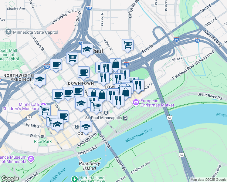 map of restaurants, bars, coffee shops, grocery stores, and more near 240 5th Street East in Saint Paul