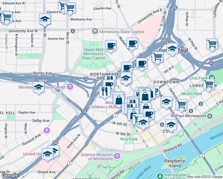 map of restaurants, bars, coffee shops, grocery stores, and more near 17 West Exchange Street in Saint Paul