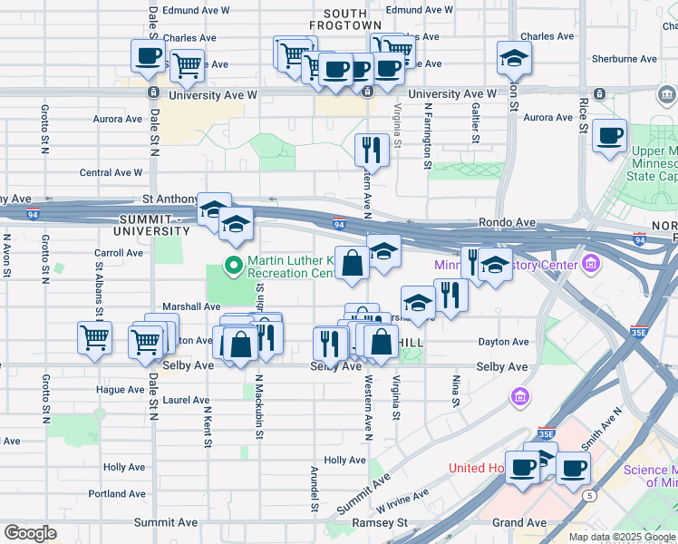 map of restaurants, bars, coffee shops, grocery stores, and more near 393 Marshall Avenue in Saint Paul