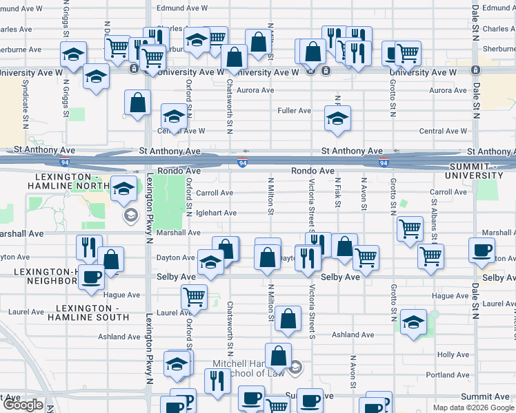 map of restaurants, bars, coffee shops, grocery stores, and more near 928 Iglehart Avenue in Saint Paul