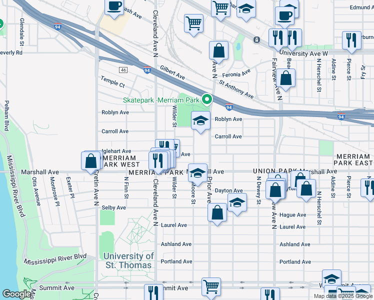 map of restaurants, bars, coffee shops, grocery stores, and more near 985 North Moore Street in Saint Paul
