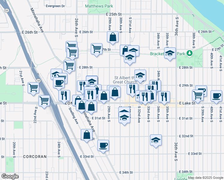 map of restaurants, bars, coffee shops, grocery stores, and more near 2933 29th Avenue South in Minneapolis