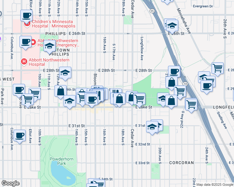 map of restaurants, bars, coffee shops, grocery stores, and more near 2934 18th Avenue South in Minneapolis