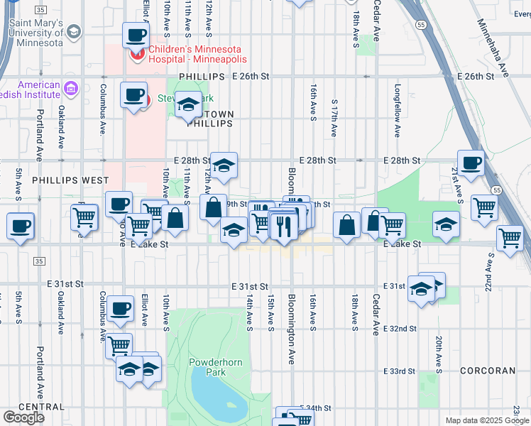 map of restaurants, bars, coffee shops, grocery stores, and more near 2933 South 15th Avenue in Minneapolis