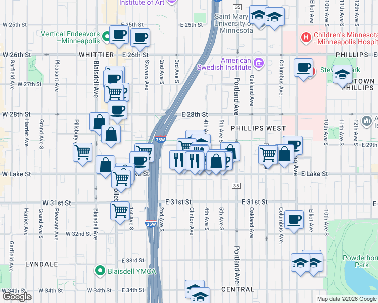 map of restaurants, bars, coffee shops, grocery stores, and more near 2928 Clinton Avenue in Minneapolis