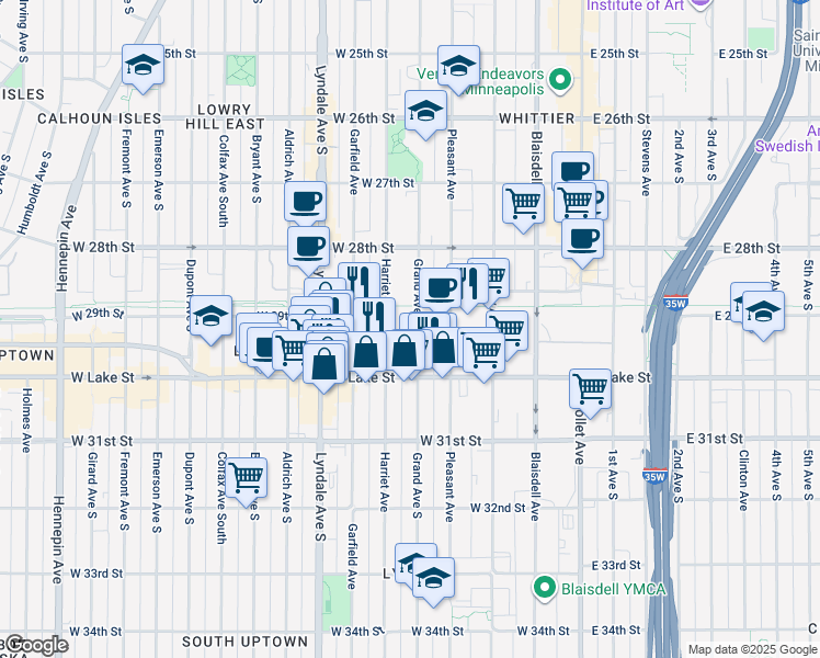 map of restaurants, bars, coffee shops, grocery stores, and more near 2943 Harriet Avenue in Minneapolis