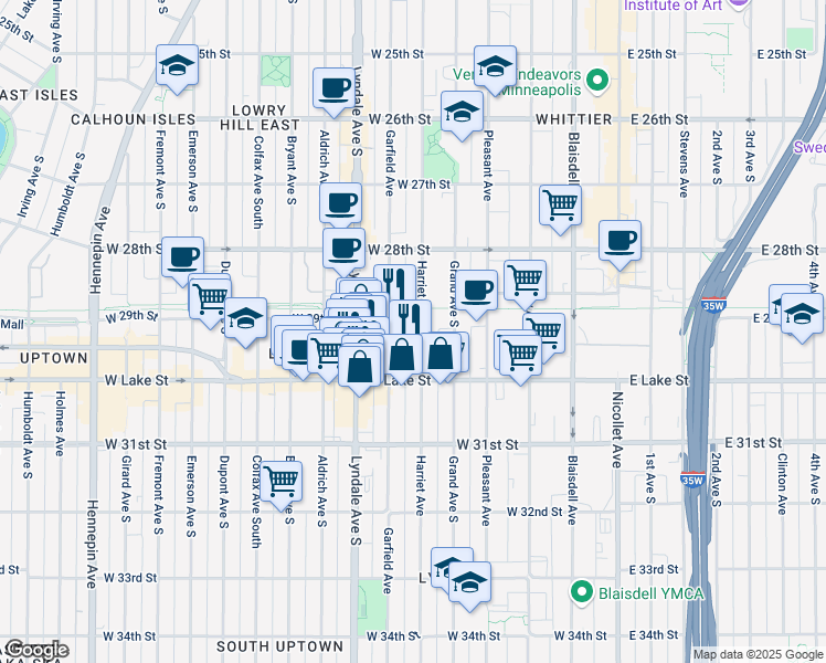 map of restaurants, bars, coffee shops, grocery stores, and more near 2945 Garfield Avenue in Minneapolis