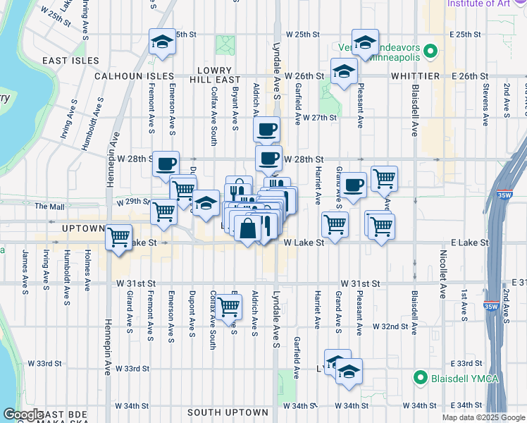 map of restaurants, bars, coffee shops, grocery stores, and more near 2928 Aldrich Avenue South in Minneapolis
