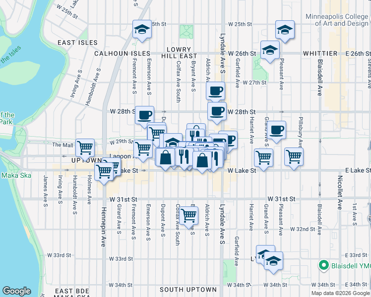map of restaurants, bars, coffee shops, grocery stores, and more near 2932 Bryant Avenue South in Minneapolis