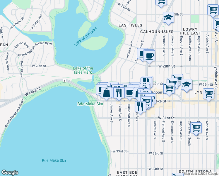 map of restaurants, bars, coffee shops, grocery stores, and more near 1619 Lagoon Avenue in Minneapolis