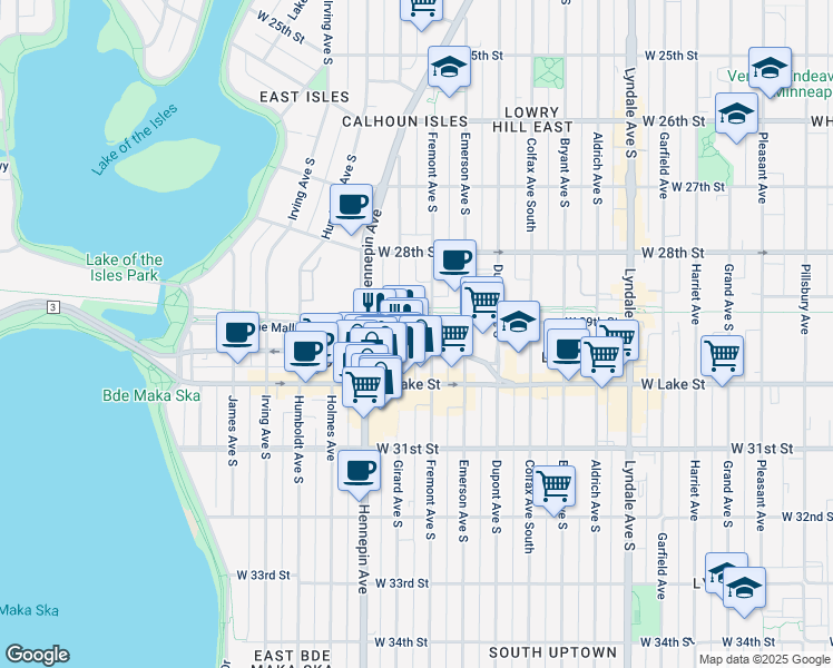 map of restaurants, bars, coffee shops, grocery stores, and more near 1330 Lagoon Avenue in Minneapolis