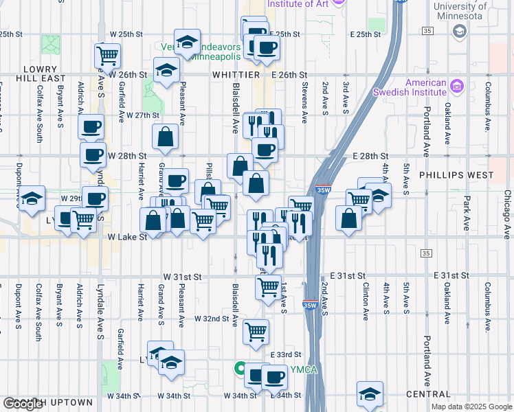 map of restaurants, bars, coffee shops, grocery stores, and more near 10 West Lake Street in Minneapolis