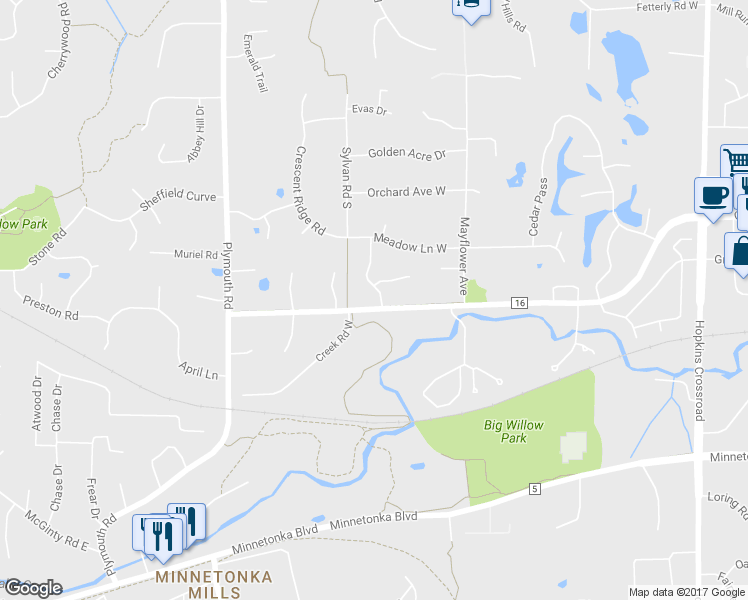 map of restaurants, bars, coffee shops, grocery stores, and more near 2850 Westridge Road in Hopkins