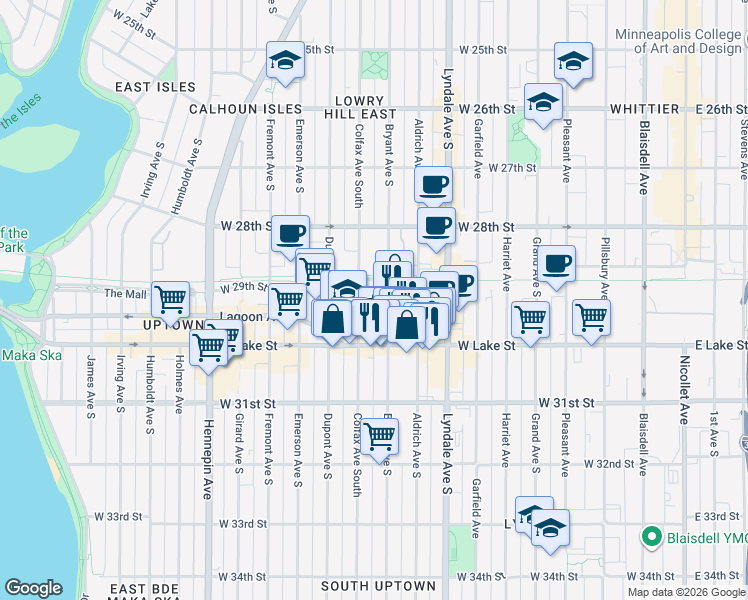 map of restaurants, bars, coffee shops, grocery stores, and more near 2932 Bryant Avenue South in Minneapolis