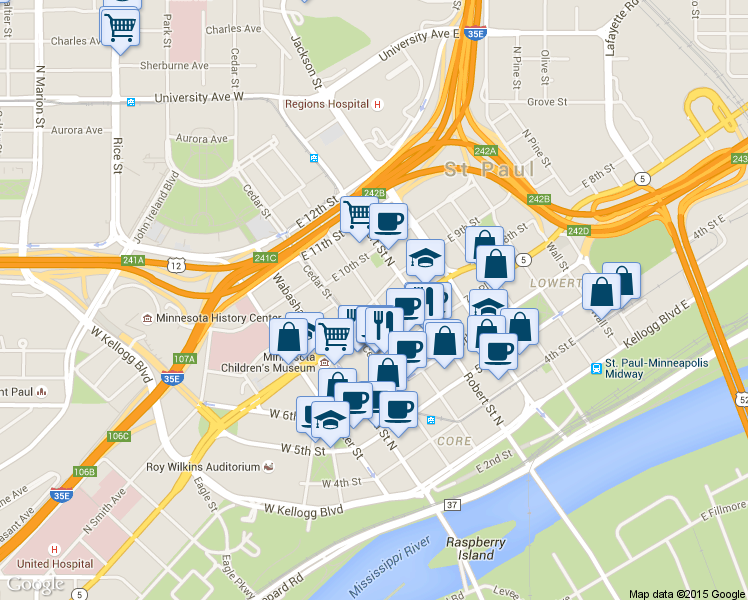 map of restaurants, bars, coffee shops, grocery stores, and more near N Minnesota St & E 9th St in St Paul