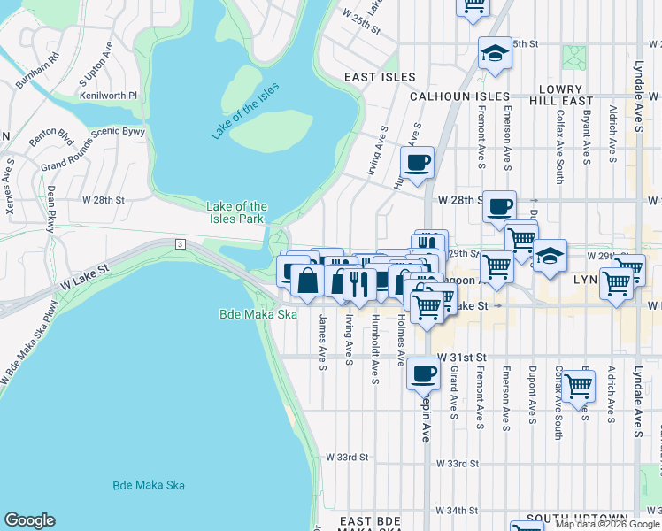 map of restaurants, bars, coffee shops, grocery stores, and more near 1619 Lagoon Avenue in Minneapolis