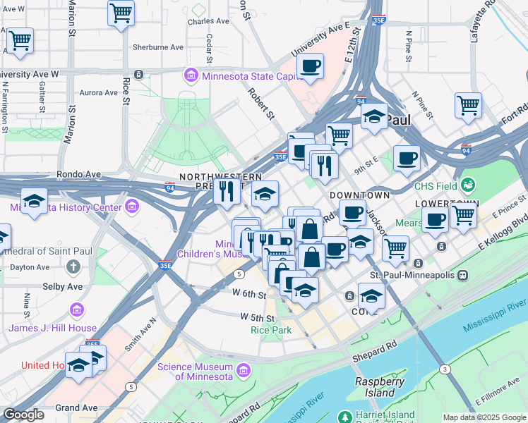 map of restaurants, bars, coffee shops, grocery stores, and more near 519 Cedar Street in Saint Paul