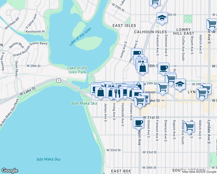 map of restaurants, bars, coffee shops, grocery stores, and more near 2885 James Avenue South in Minneapolis