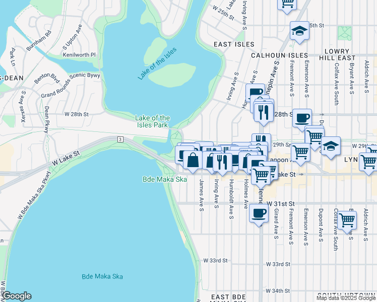 map of restaurants, bars, coffee shops, grocery stores, and more near 2867 Lake of the Isles Parkway East in Minneapolis