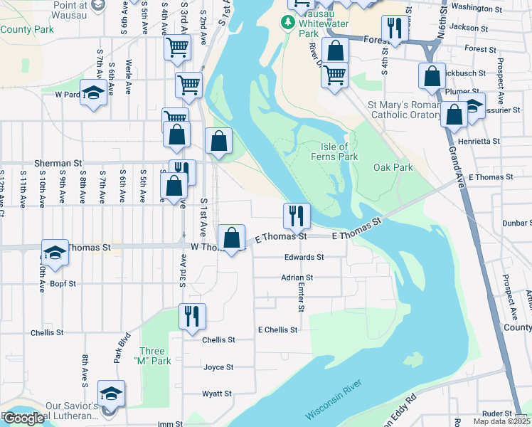 map of restaurants, bars, coffee shops, grocery stores, and more near 132 River Street in Wausau
