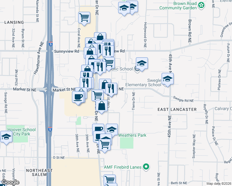 map of restaurants, bars, coffee shops, grocery stores, and more near 4083 Market Street Northeast in Salem