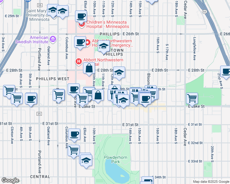 map of restaurants, bars, coffee shops, grocery stores, and more near 2833 13th Avenue South in Minneapolis
