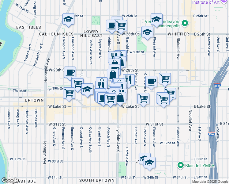 map of restaurants, bars, coffee shops, grocery stores, and more near 2910 Lyndale Avenue South in Minneapolis