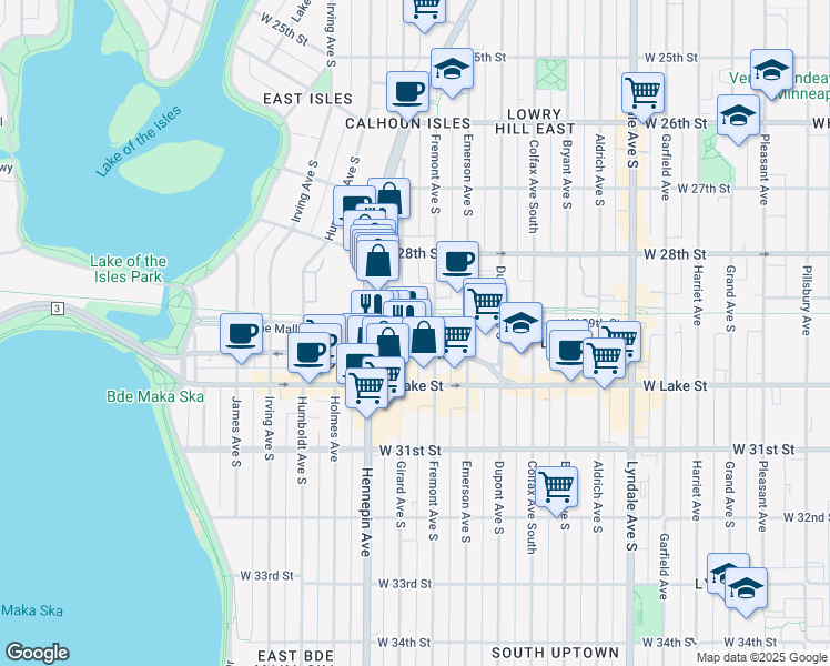 map of restaurants, bars, coffee shops, grocery stores, and more near 1330 Lagoon Avenue in Minneapolis