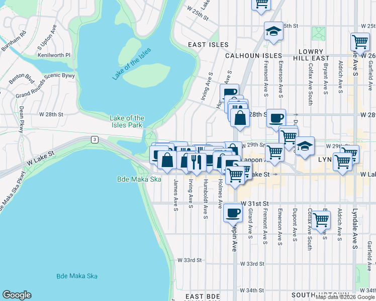 map of restaurants, bars, coffee shops, grocery stores, and more near 2867 James Avenue South in Minneapolis