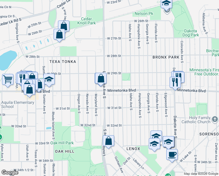 map of restaurants, bars, coffee shops, grocery stores, and more near 2925 Louisiana Avenue South in Minneapolis