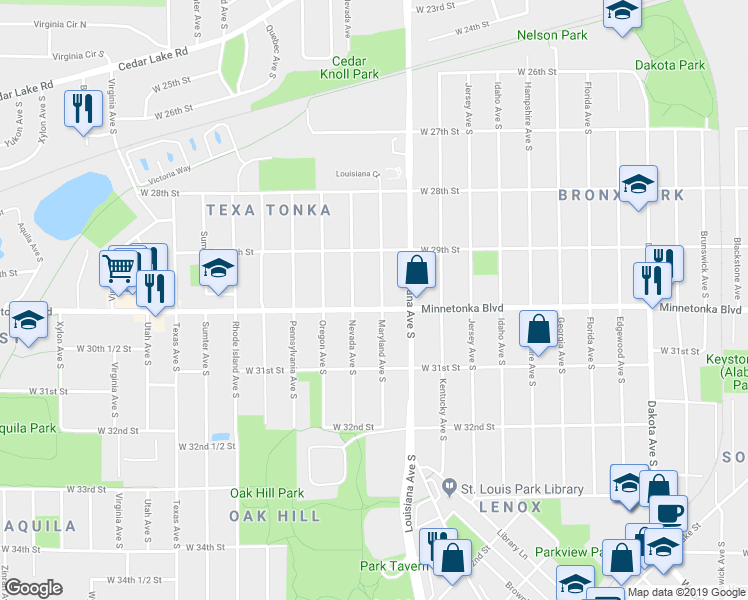 map of restaurants, bars, coffee shops, grocery stores, and more near 2917 Maryland Avenue South in St. Louis Park