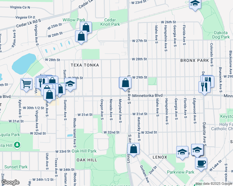 map of restaurants, bars, coffee shops, grocery stores, and more near 2917 Maryland Avenue South in St. Louis Park