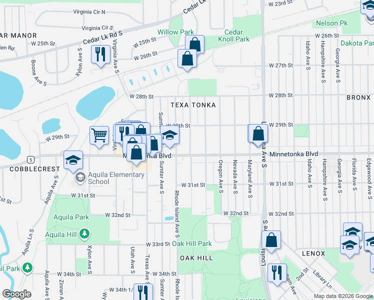 map of restaurants, bars, coffee shops, grocery stores, and more near 2921 Rhode Island Avenue South in Minneapolis