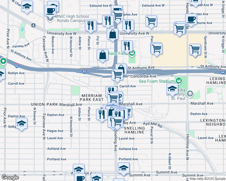 map of restaurants, bars, coffee shops, grocery stores, and more near 1601 Carroll Avenue in Saint Paul