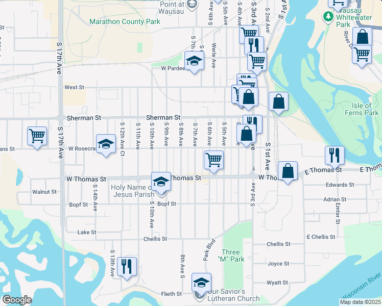 map of restaurants, bars, coffee shops, grocery stores, and more near 944 South 7th Avenue in Wausau