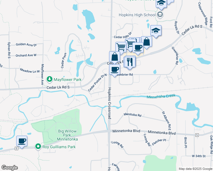 map of restaurants, bars, coffee shops, grocery stores, and more near 11195 Cedar Pointe Drive South in Hopkins