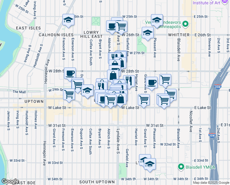 map of restaurants, bars, coffee shops, grocery stores, and more near 2910 Lyndale Avenue South in Minneapolis