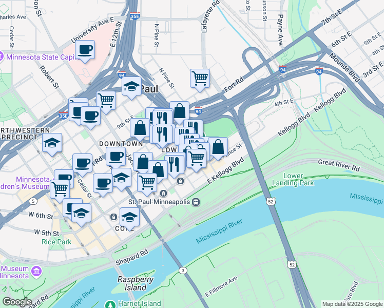 map of restaurants, bars, coffee shops, grocery stores, and more near 281 5th St E in St Paul