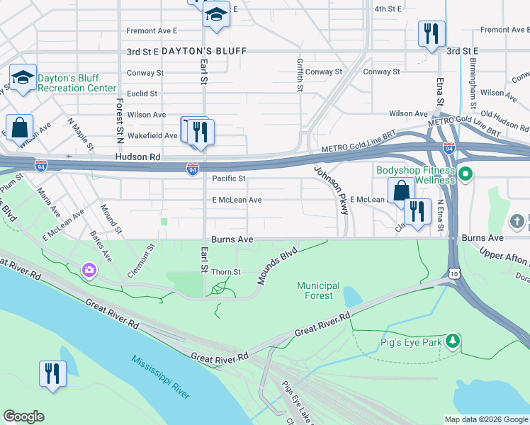 map of restaurants, bars, coffee shops, grocery stores, and more near 1133 East McLean Avenue in Saint Paul