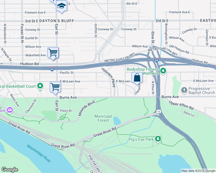 map of restaurants, bars, coffee shops, grocery stores, and more near 303 Pacific Street in Saint Paul