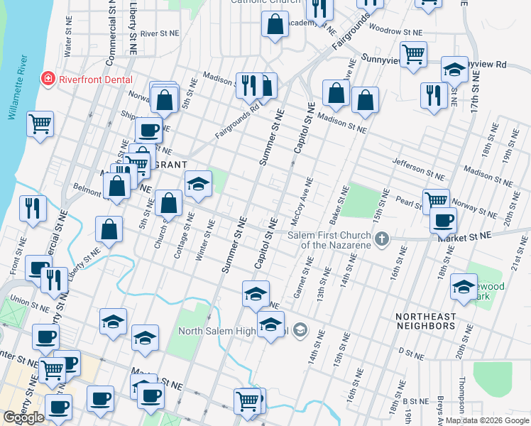 map of restaurants, bars, coffee shops, grocery stores, and more near 960 Gaines Street Northeast in Salem