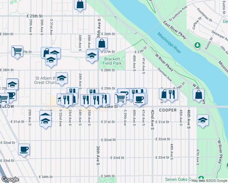 map of restaurants, bars, coffee shops, grocery stores, and more near in Minneapolis