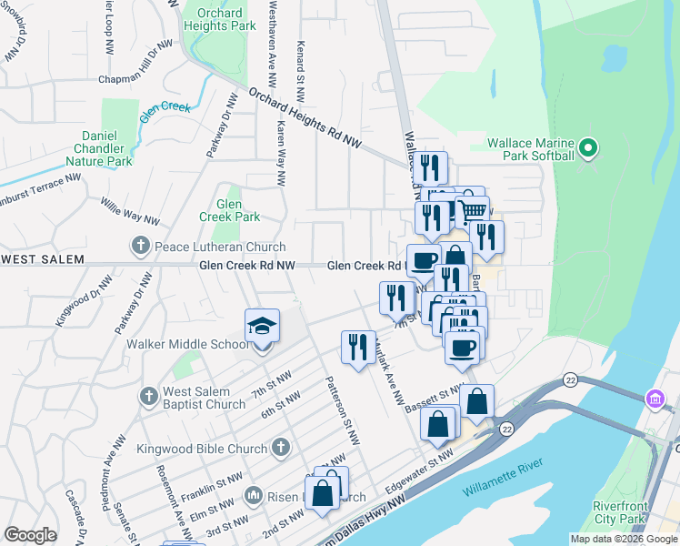 map of restaurants, bars, coffee shops, grocery stores, and more near 1130 Belaire Drive Northwest in Salem