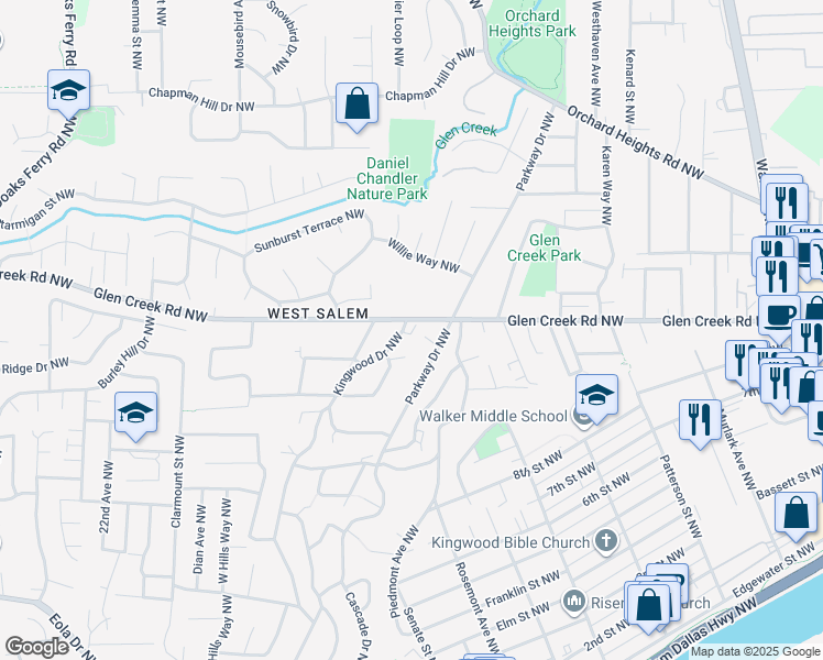 map of restaurants, bars, coffee shops, grocery stores, and more near 1575 Glen Creek Road Northwest in Salem