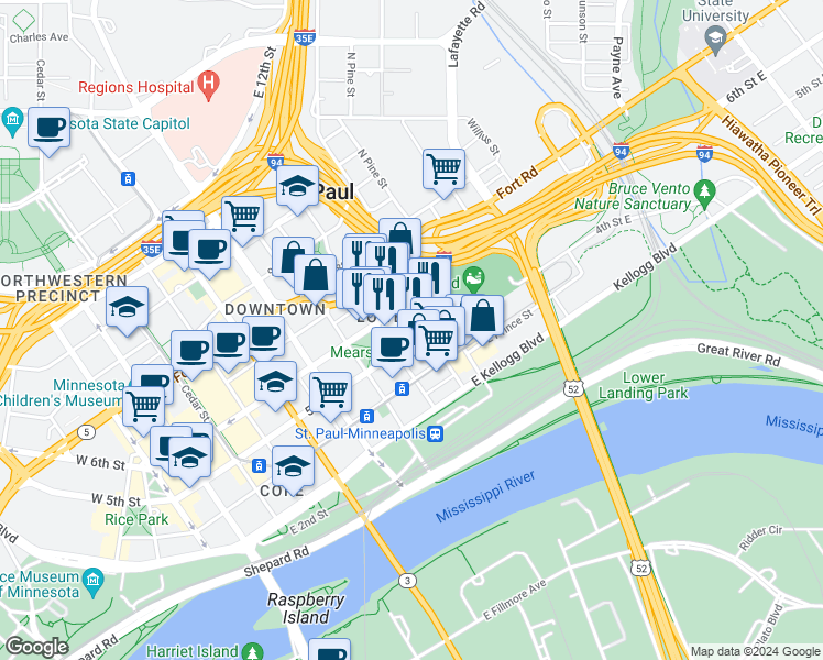 map of restaurants, bars, coffee shops, grocery stores, and more near 364-394 Wall Street in Saint Paul