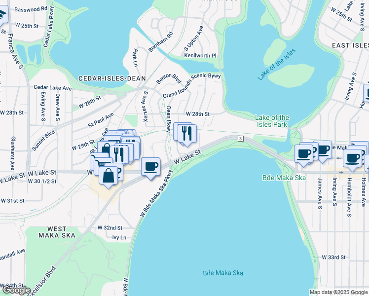 map of restaurants, bars, coffee shops, grocery stores, and more near 2915 Dean Parkway in Minneapolis
