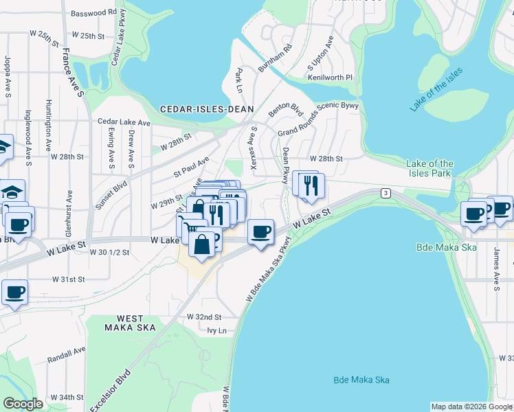 map of restaurants, bars, coffee shops, grocery stores, and more near 2920 Dean Parkway in Minneapolis