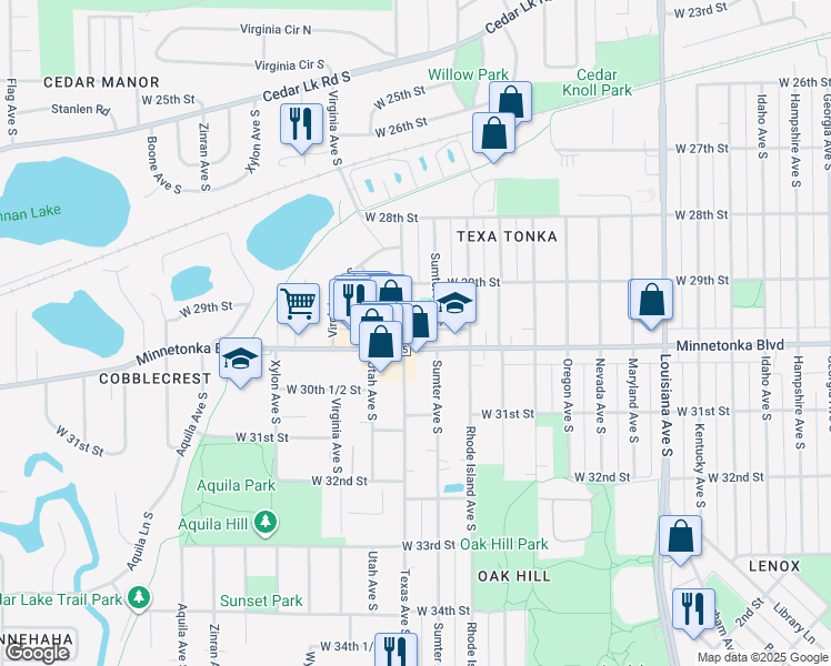 map of restaurants, bars, coffee shops, grocery stores, and more near 2926 Texas Avenue South in St. Louis Park