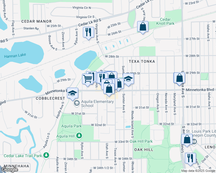 map of restaurants, bars, coffee shops, grocery stores, and more near 2937 Texa Tonka Avenue in Minneapolis