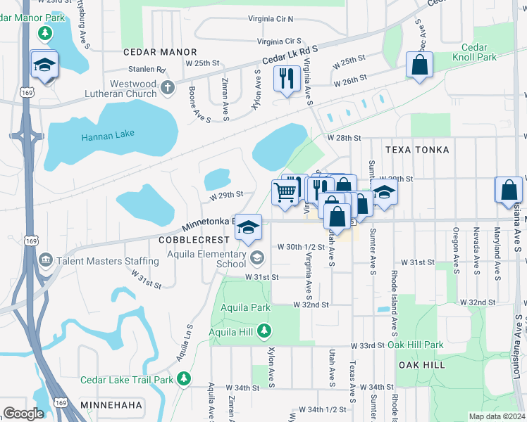 map of restaurants, bars, coffee shops, grocery stores, and more near 2921 Aquila Avenue South in Minneapolis